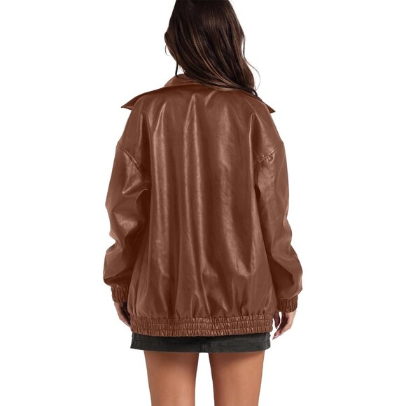 Women's Faux Leather Jacket Oversized Caramel Bomber Coat Fall Winter Outfits - Picture 3 of 3